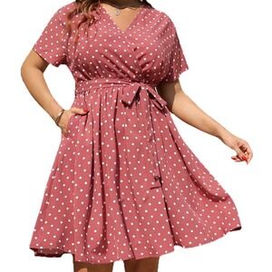 Nemidor Womens Plus Size 22 Polka Dot Wrap Dress Mauve Pink V-Neck Short Sleeve